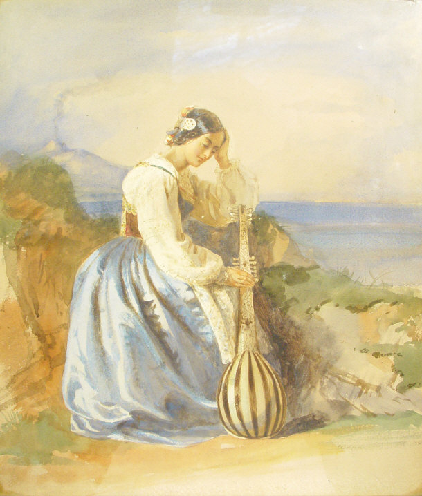 Appraisal: Unsigned watercolour of a woman beside a clothesline clutching a