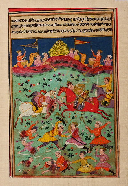 Appraisal: AN INDIAN MINIATURE PAINTED WITH FIGHTING WARRIORS ON HORSEBACK and