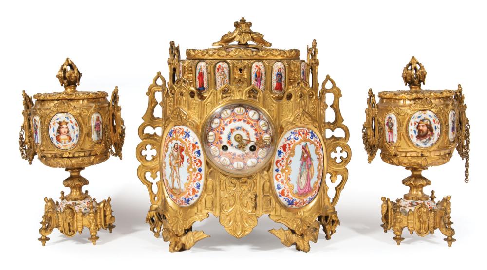 Appraisal: Napoleon III Gilt Bronze and Porcelain-Mounted Three-Piece Clock Garniture c