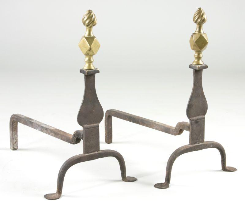 Appraisal: Pair of American Penny-foot Andirons th century brass flame and