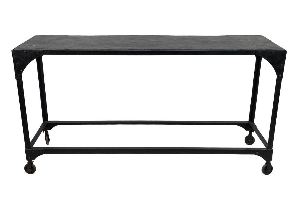 Appraisal: INDUSTRIAL-STYLE STONE METAL CONSOLE TABLEresting on casters Provenance A Michael