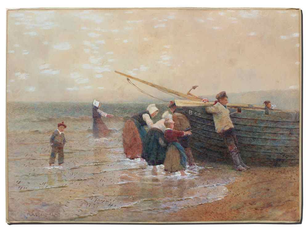 Appraisal: CAFFIERI Hector British - ''Launching the Boat'' Watercolor '' x