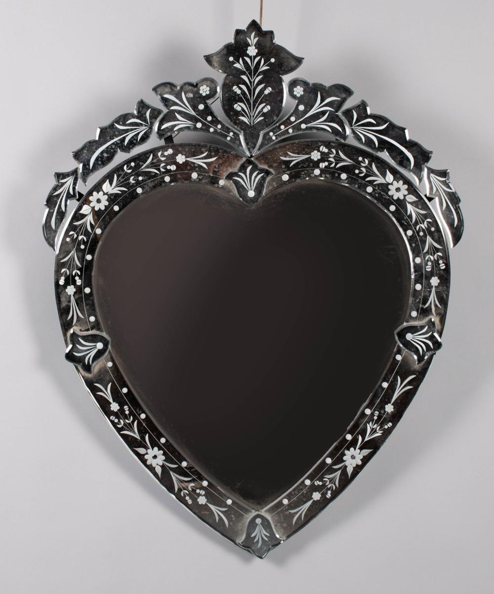 Appraisal: VENETIAN ETCHED HEART SHAPED MIRROR x in x cm