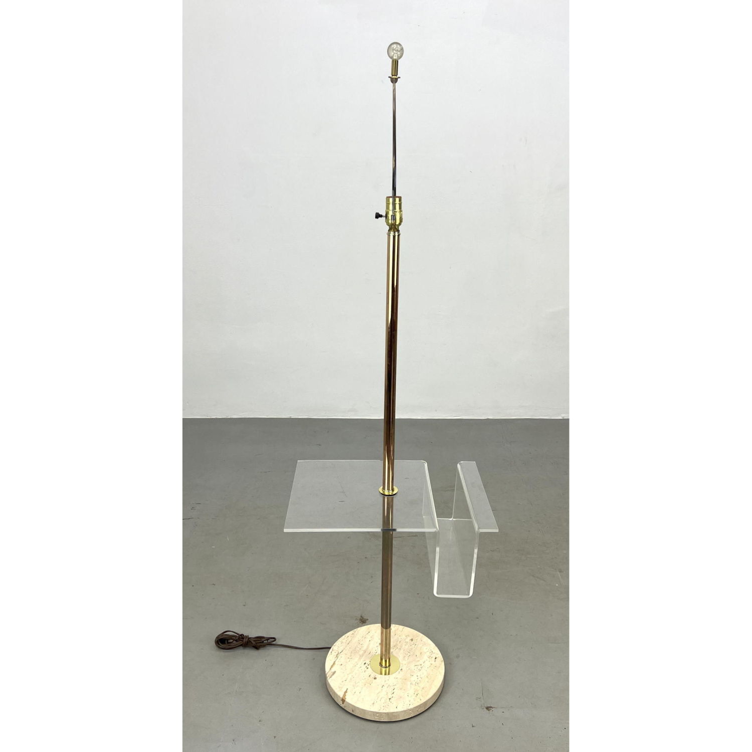 Appraisal: Brass and Lucite Floor Lamp Magazine Table Travertine Marble Base