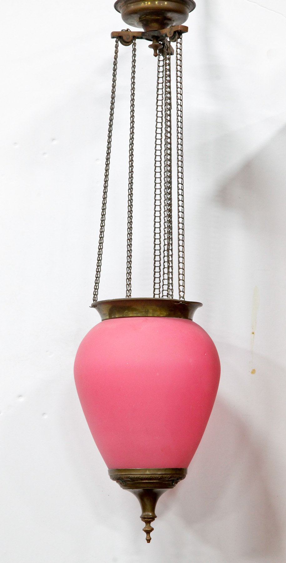 Appraisal: HANGING HALL LIGHT WITH OPAQUE PINK SHADE American th quarter-