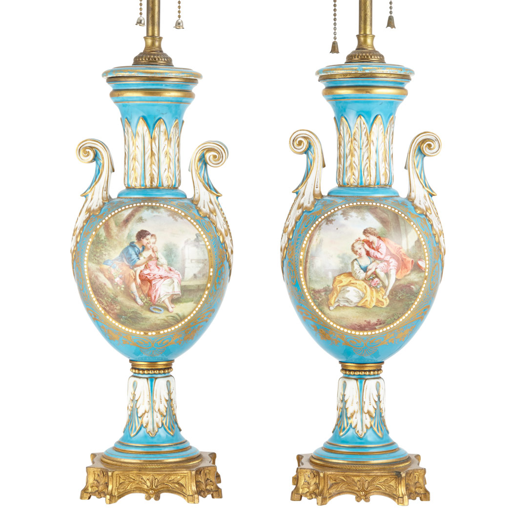 Appraisal: Pair of Sevres Style Gilt-Metal Mounted Gilt and Polychrome Decorated