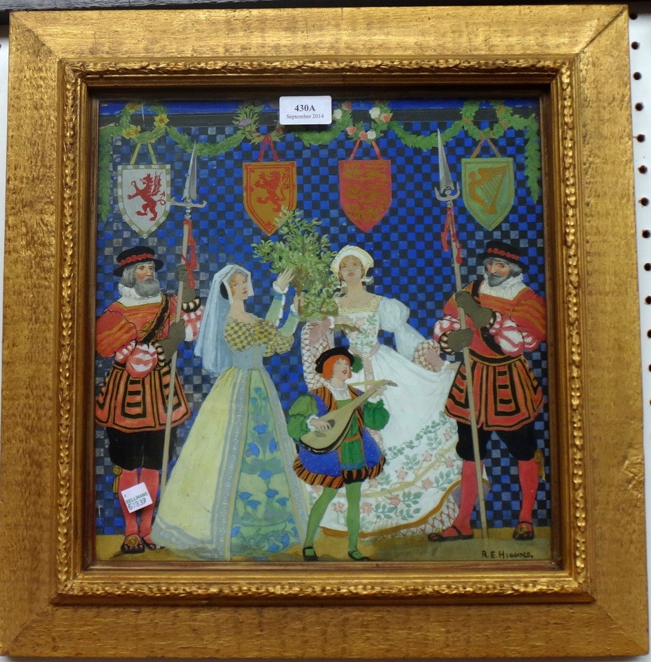 Appraisal: Reginald Edward Higgins - England in Tudor times gouache signed