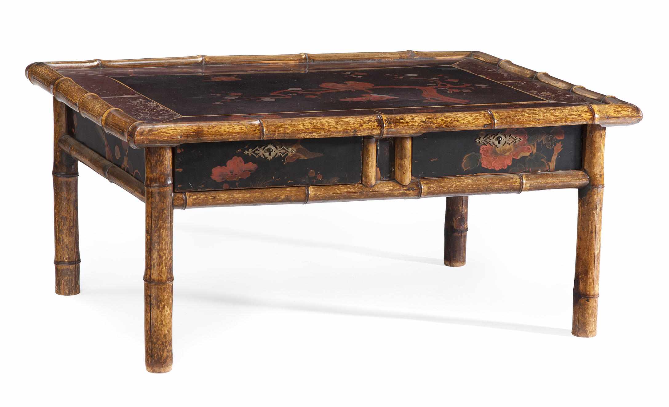 Appraisal: A bamboo and chinoiserie decorated lacquered coffee table late th