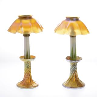 Appraisal: Pair Tiffany favrile glass candlestick lamps Pair Tiffany favrile glass