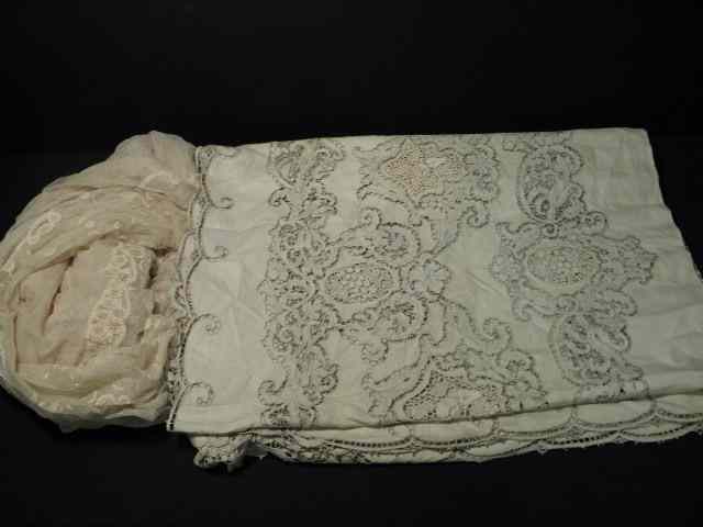 Appraisal: Antique lace banquet tablecloth and chiffon bed cover Banquet tablecloth