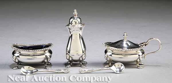 Appraisal: An English Sterling Silver Salt Pepper and Condiment Service Birmingham