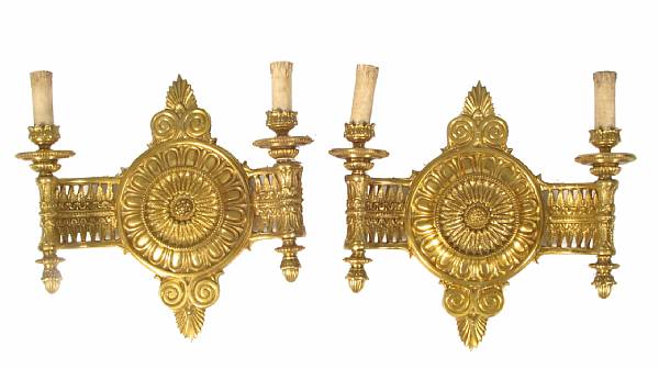 Appraisal: A pair of Louis XVI style gilt bronze two light