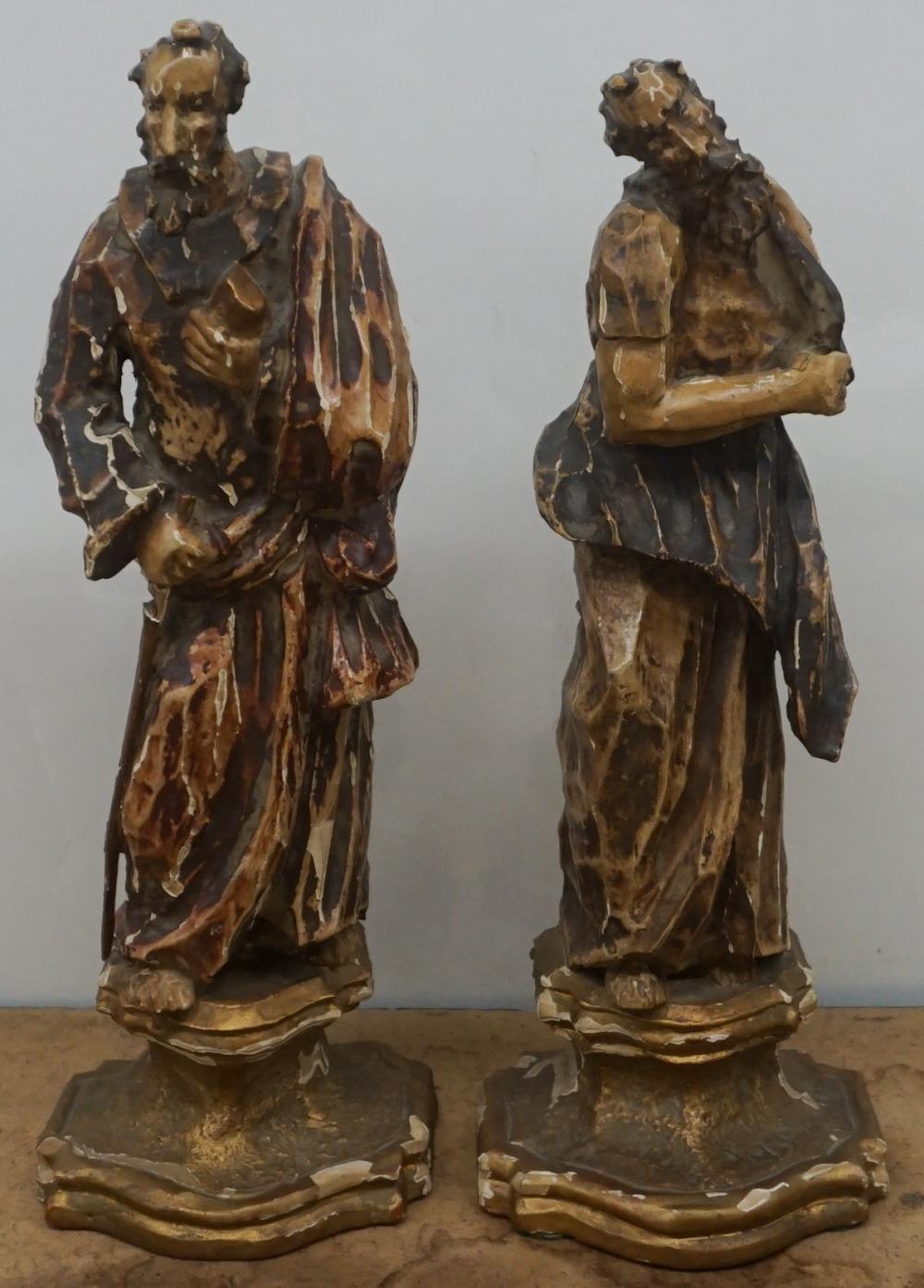 Appraisal: Pair Italian Partial Gilt Wood Figures of Saints H in