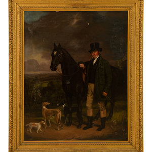 Appraisal: English School th Century Gentleman with Horse and Dogsoil on