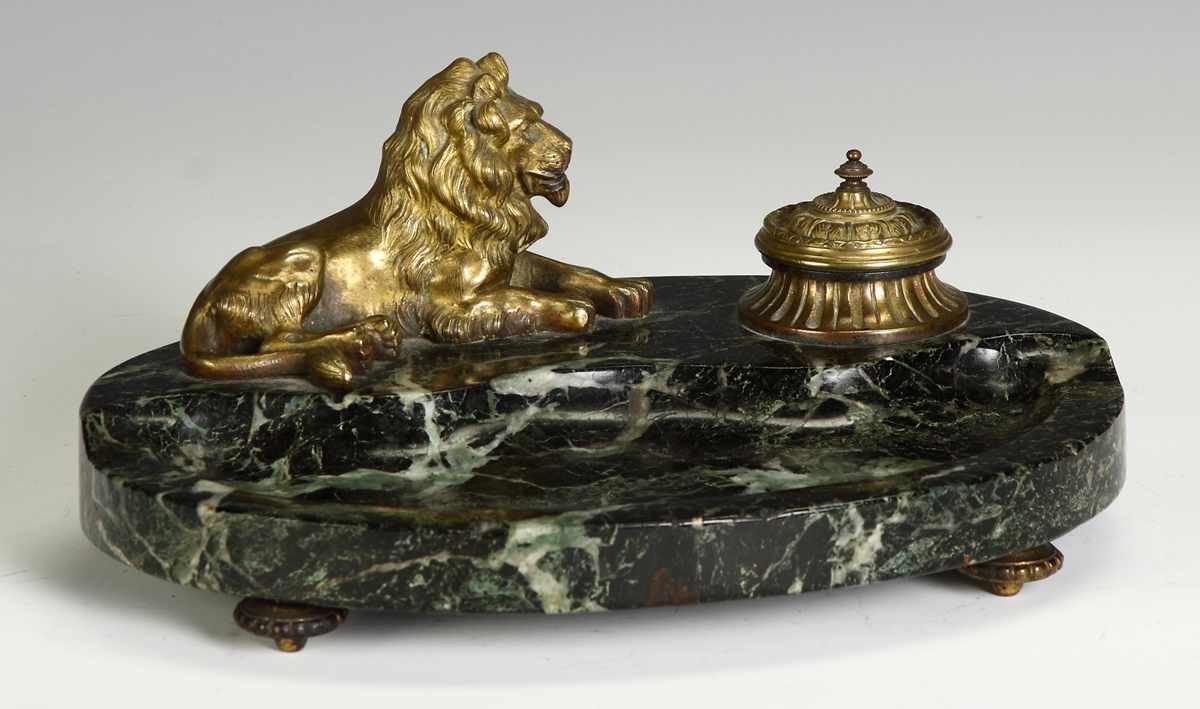 Appraisal: Sgn Marble Bronze Inkwell w Lion th cent Sgn Illeg