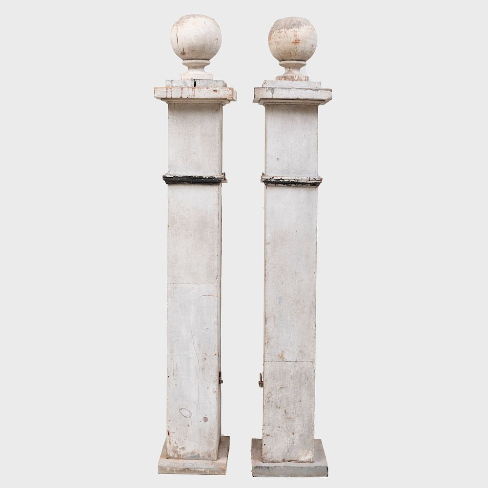 Appraisal: Pair of White Painted Gate Posts with Ball Finials x