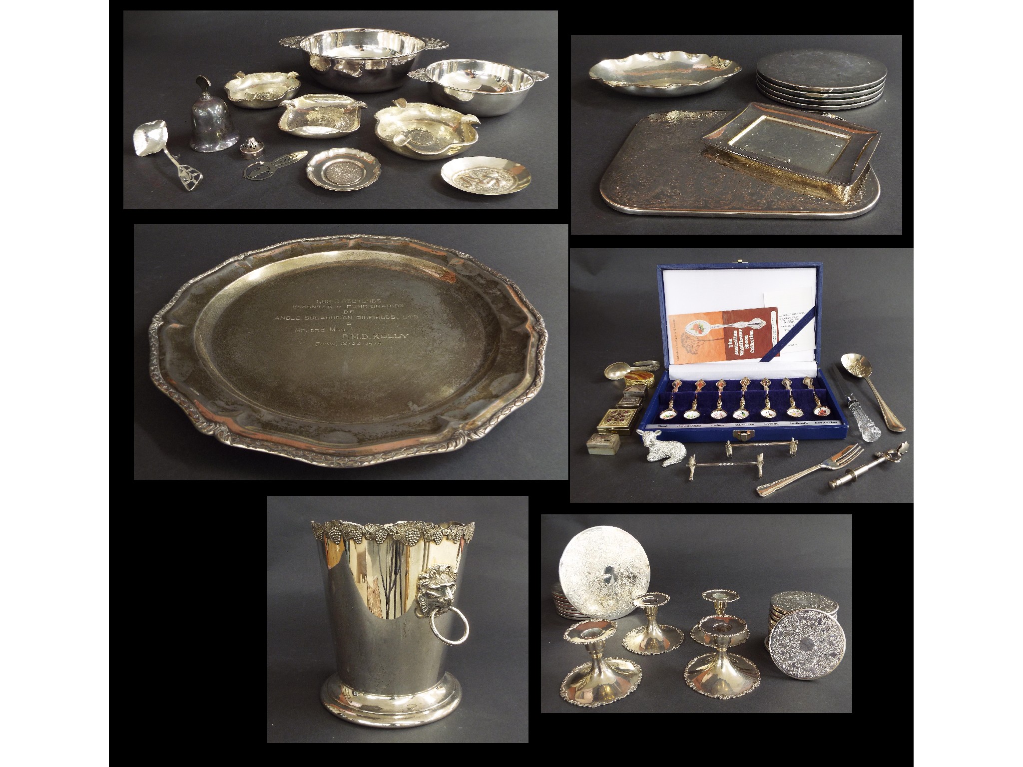 Appraisal: Collection of silver plate to include twin handled wine bucket