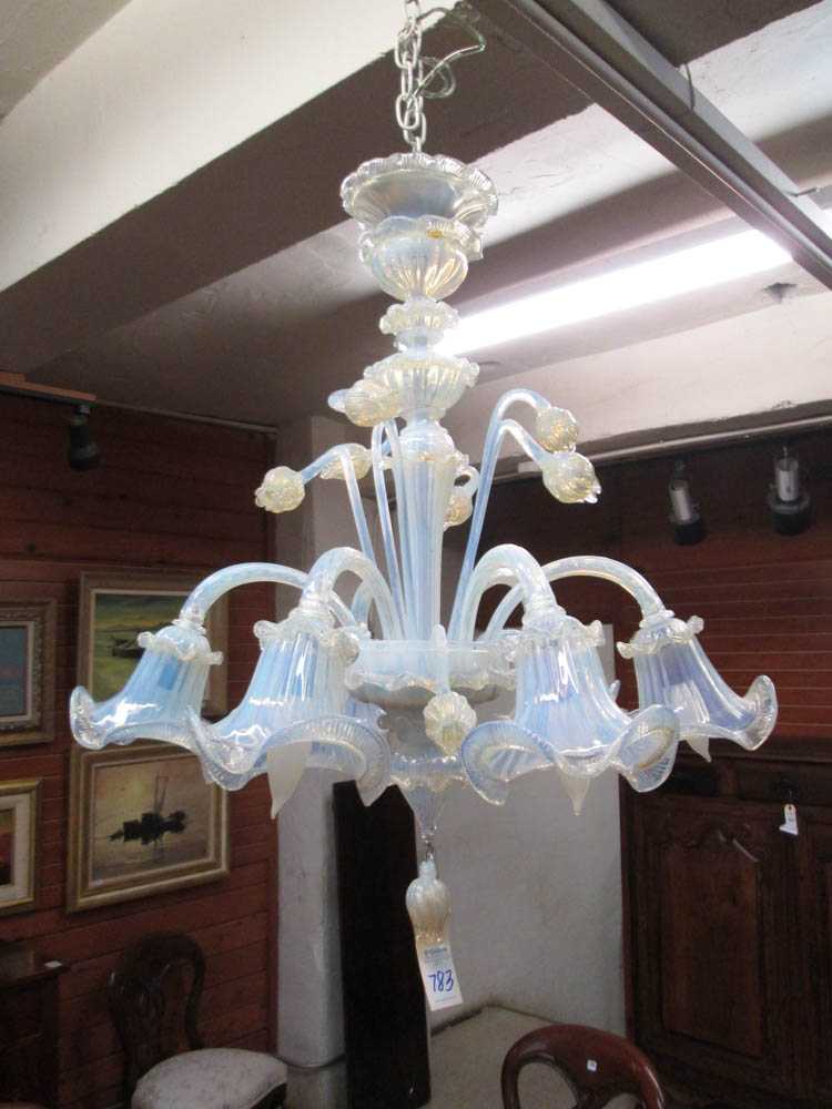 Appraisal: BLUE OPALINE AND GOLD MURANO GLASS CHANDELIER Murano Islands Venetian