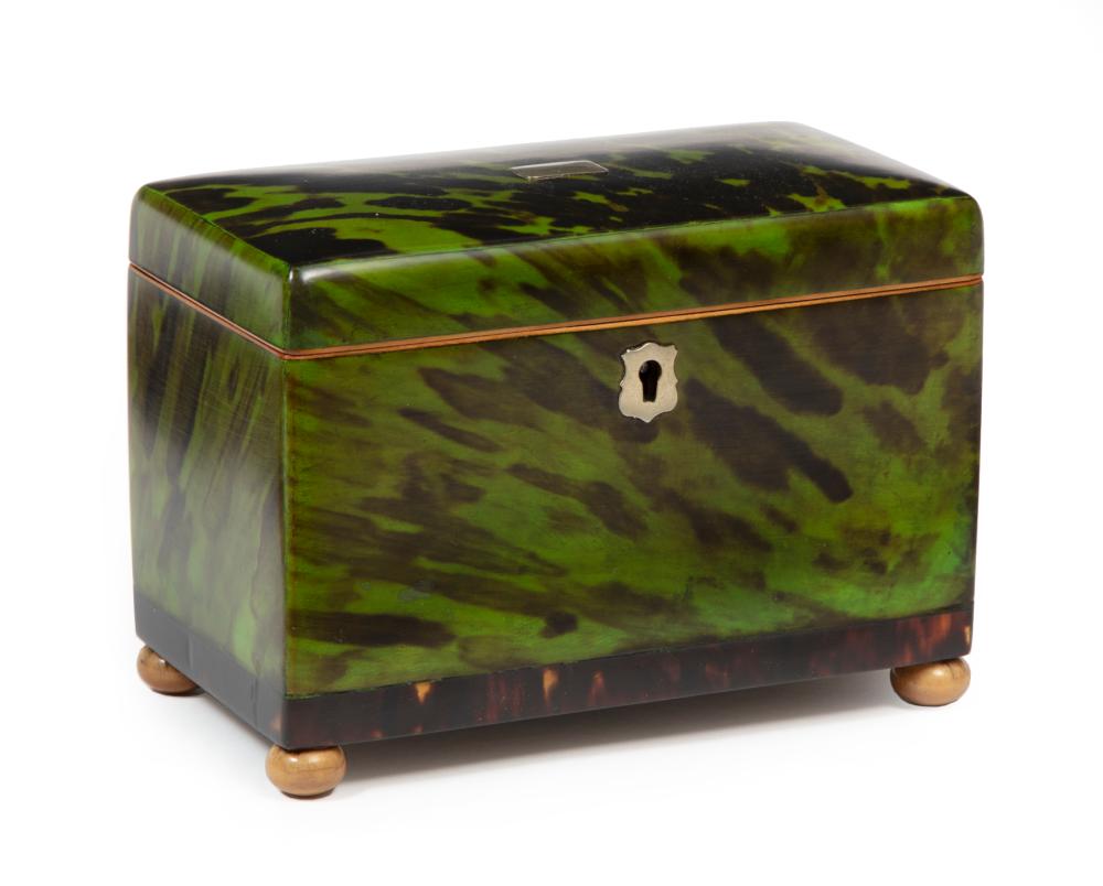 Appraisal: George IV Green Tortoiseshell Tea Caddy th c interior with