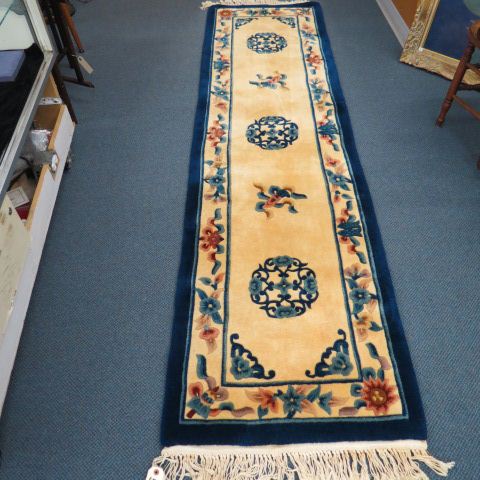 Appraisal: Chinese Handmade Sculptured Wool Runner floral on ivory blue trim