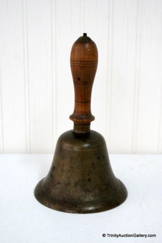 Appraisal: Antique ca 's Brass School Bell w Wood HandleThis is