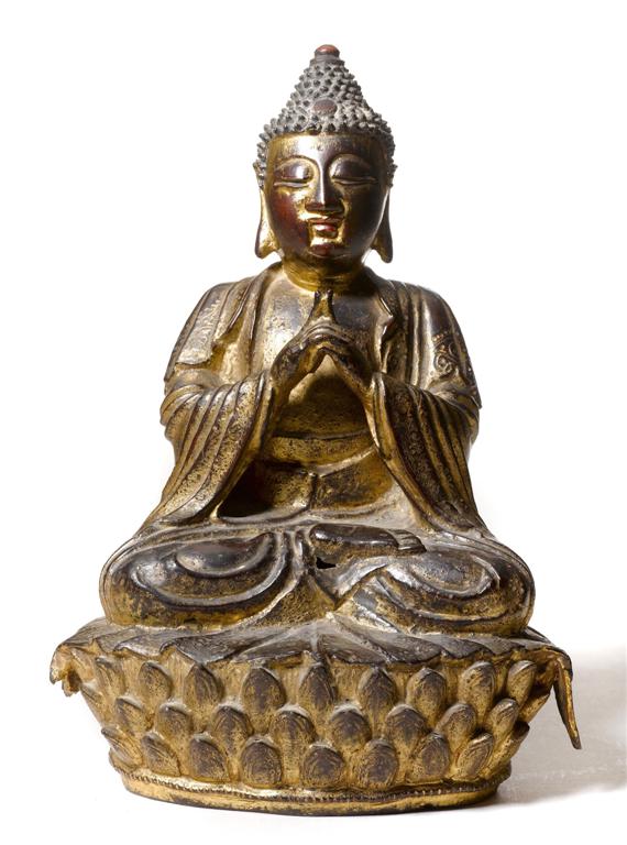 Appraisal: A LACQUER AND GILT FIGURE OF A SITTING BUDDHA SHOWING