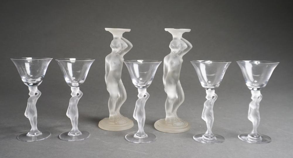 Appraisal: SET OF FIVE CARYATID FORM GLASS FLUTES AND TWO CANDLEHOLDERS