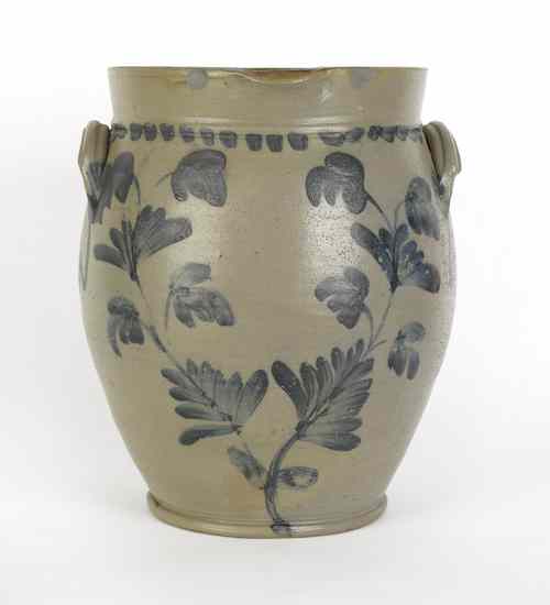 Appraisal: Large blue decorated four gallon stoneware crock th c with