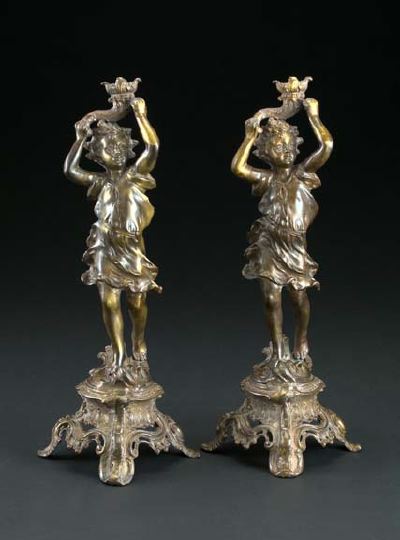 Appraisal: Large Pair of French Bronze-Patinated Brass Figural Candlesticks in the