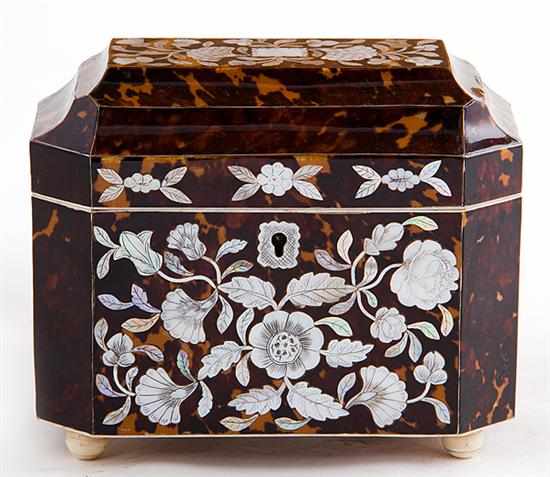 Appraisal: English mother-of-pearl inlaid tea caddy hinged coffer lid over rectangular