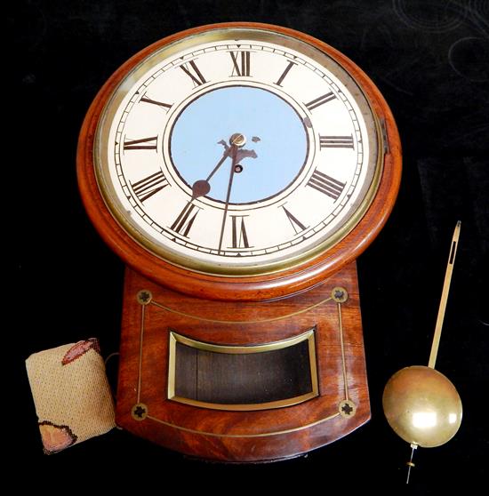 Appraisal: th C English schoolhouse clock mahogany veneer case hand-painted dial