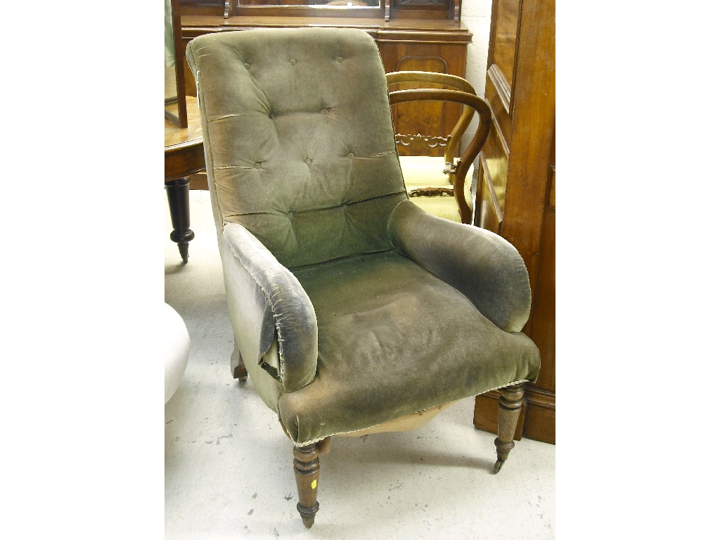 Appraisal: Victorian upholstered library armchair the moss green button back with