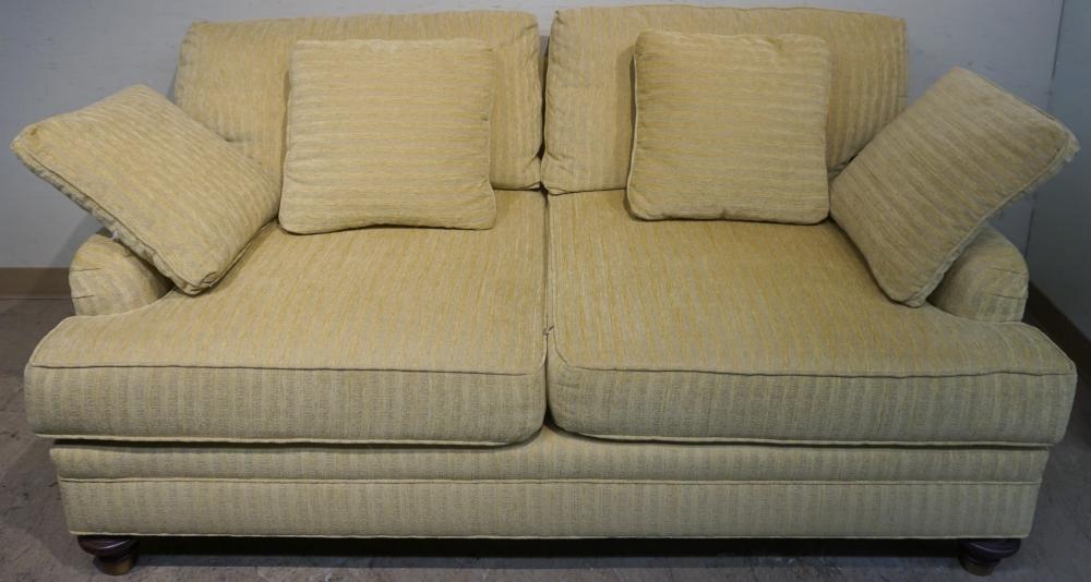 Appraisal: VANGUARD GOLD UPHOLSTERED TWO-CUSHION SOFA L IN CM Vanguard Gold