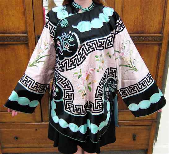 Appraisal: CHINESE LADY'S SILK JACKET ROBE in pink and black embroidered