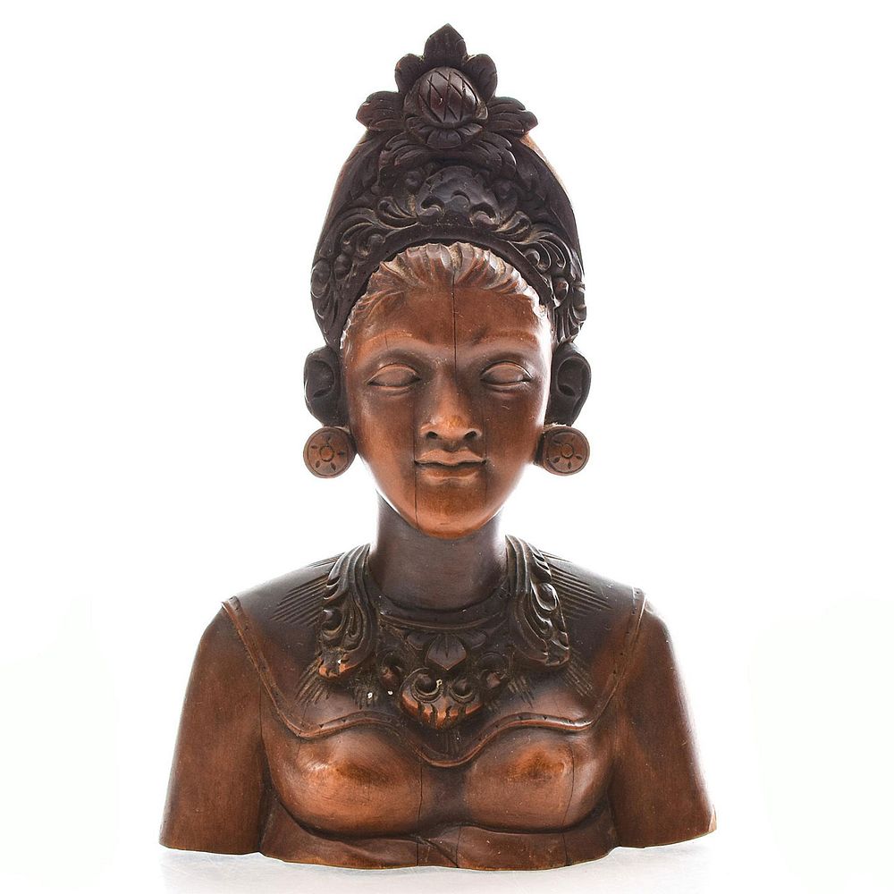 Appraisal: VINTAGE EXOTIC WOODEN BUST OF BALINESE WOMAN Woman w exquisite