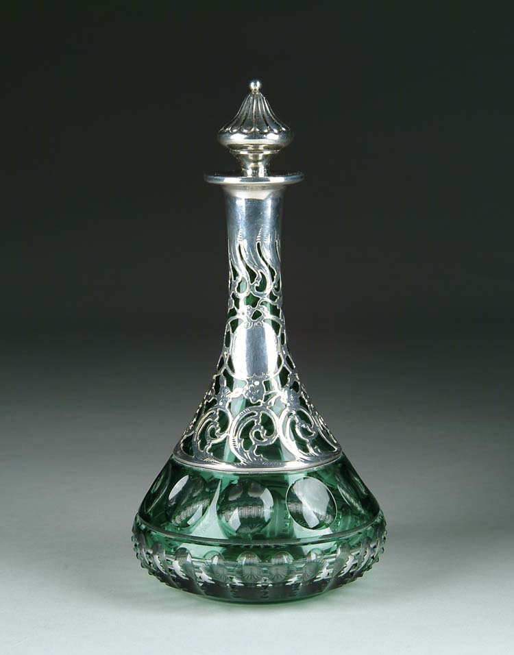 Appraisal: SILVER OVERLAY CUT DECANTER Green cut to clear decanter with