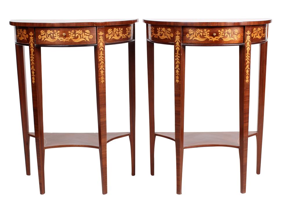 Appraisal: PAIR OF DUTCH MARQUETRY DEMILUNE CONSOLESCondition scattered nicks each inches