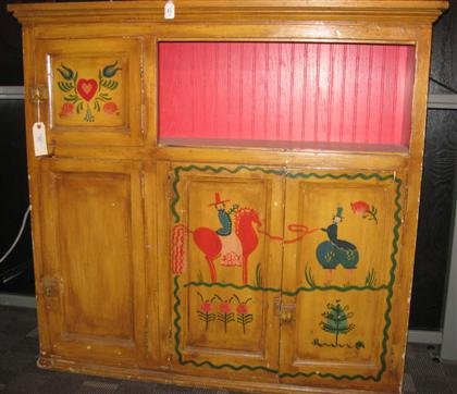 Appraisal: Contemporary yellow painted cupboard with painted figural decoration