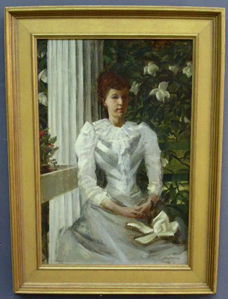 Appraisal: Oil on canvas portrait of a seated young woman identified