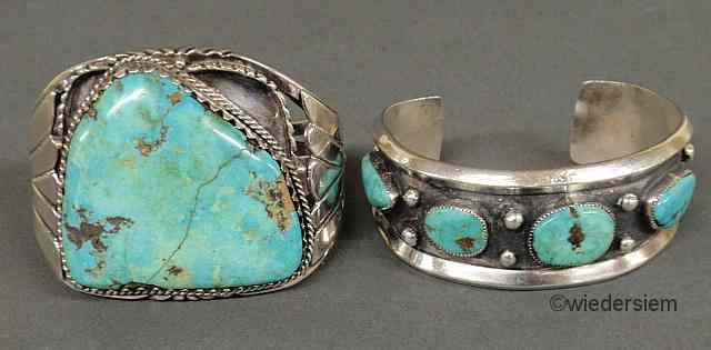 Appraisal: Two Southwest American silver over metal and turquoise cuff bracelets