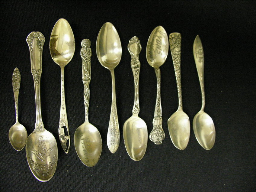 Appraisal: STERLING AND SILVERPLATE SOUVENIR SPOONS And Others Indian Spoon Hennessey