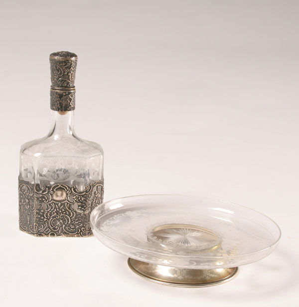 Appraisal: Etched glass stoppered bottle with sterling repousse overlay decorated with