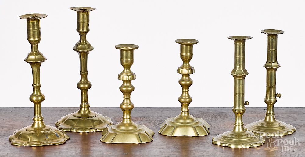 Appraisal: Three pairs of Queen Anne brass candlesticks Three pairs of