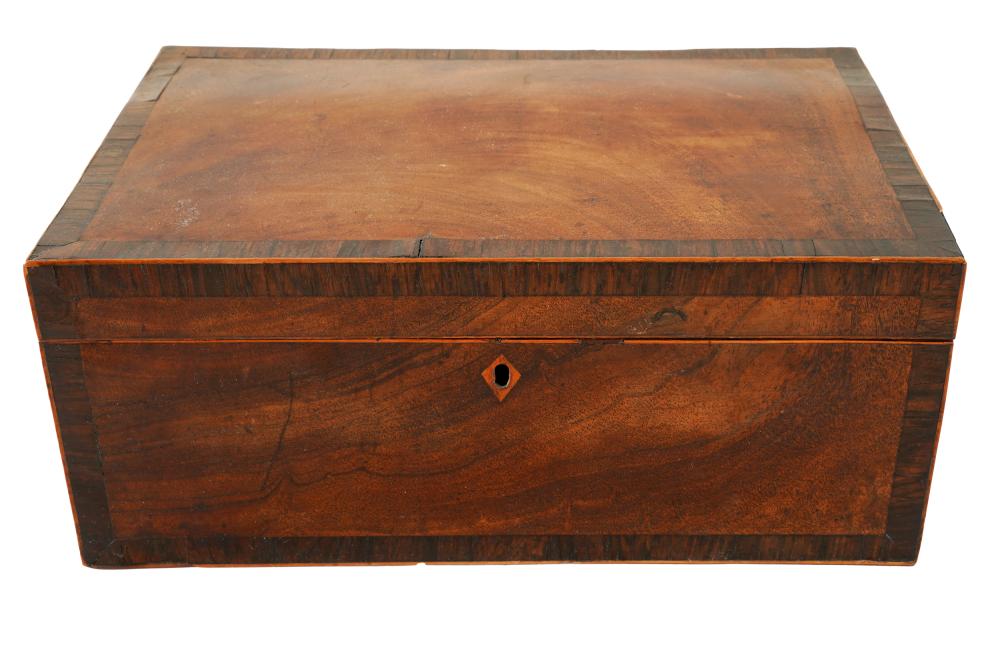 Appraisal: VICTORIAN MAHOGANY TABLEBOXlate th century the cross-banded hinged lid concealing