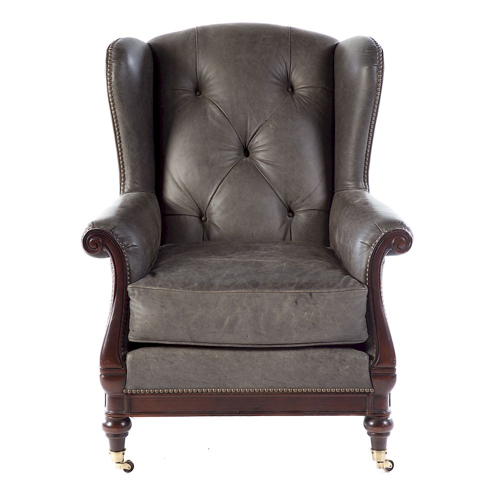 Appraisal: Lillian August Mahogany Finish Leather Wing Chair st century grey