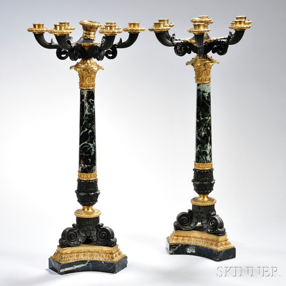 Appraisal: Pair of Empire-style Marble and Bronze Candelabra probably France th