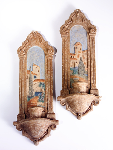 Appraisal: CLAYCRAFT Pair of wall sconces each decorated with a mission