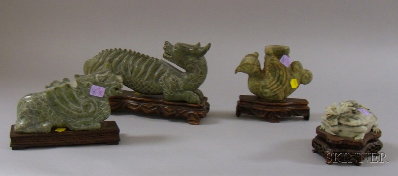 Appraisal: Four Chinese Carved Hardstone Figurals a mythical turtle bird-form vase