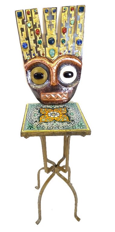 Appraisal: Tile And Brass Table Inlaid Tribal Mask Tile And Brass