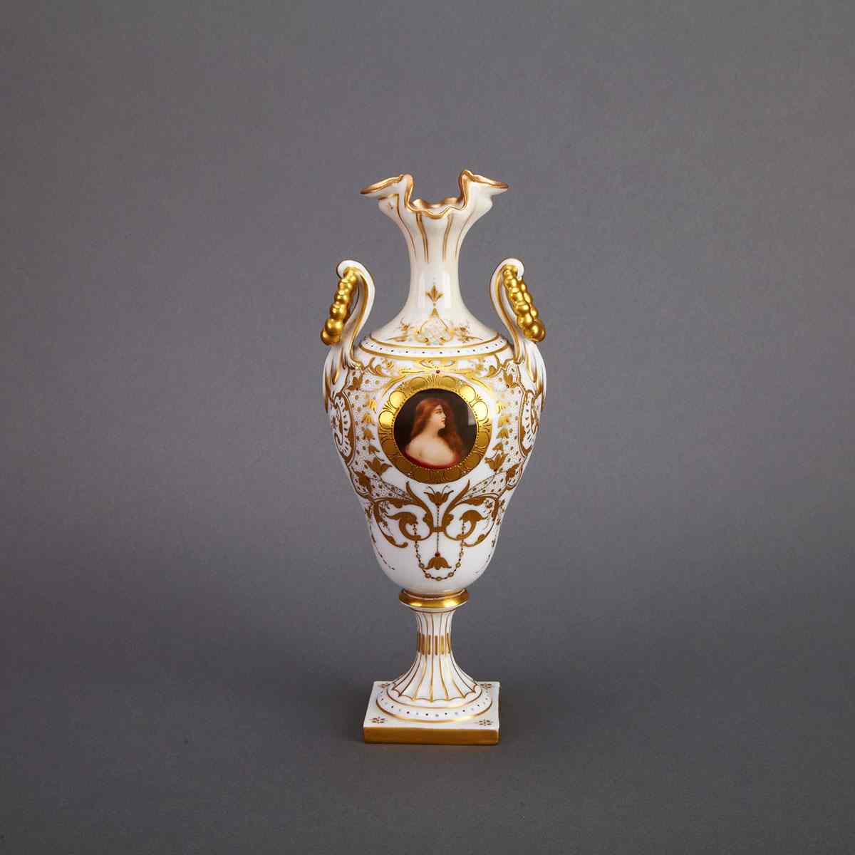 Appraisal: Dresden Two-Handled Jewelled Portrait Vase c height cm height